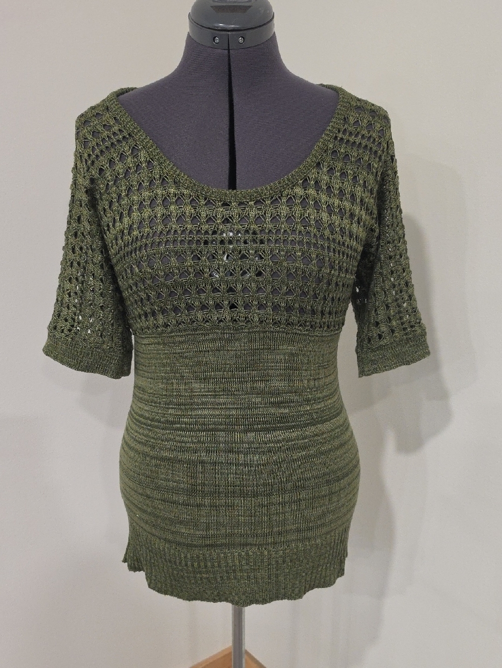 Studio Y Olive Green Openwork Scoop Neck Knit Top
